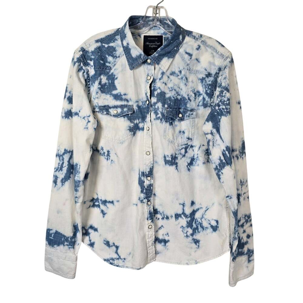 American Eagle Favorite Fit Shirt Womens L Blue Bleach Pearl Snap Casual Western